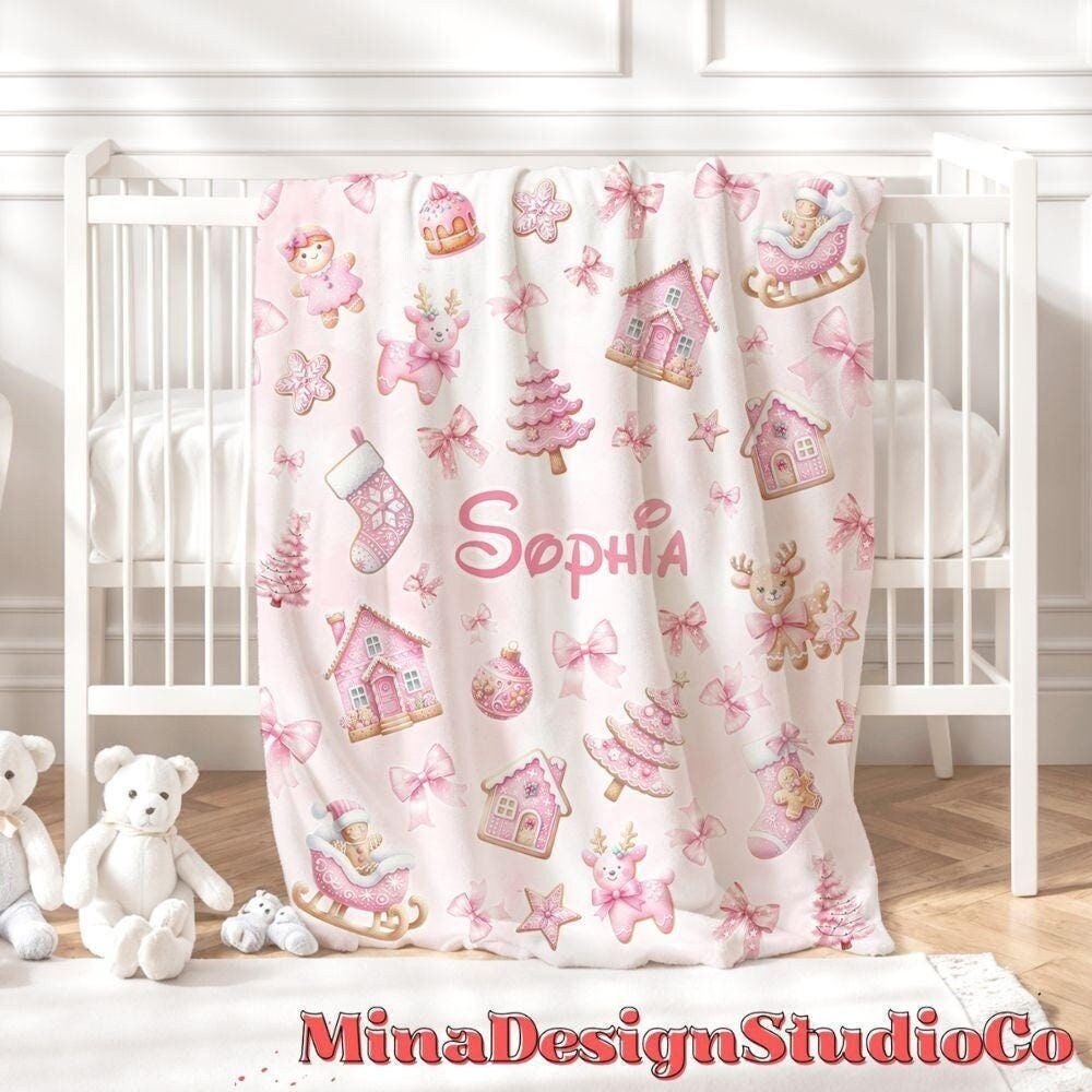 Personalized Watercolor Pink Christmas Blanket, Gingerbread House Stocking Christmas Tree Home Decor, Holiday Custom Name Baby Girl Blanket