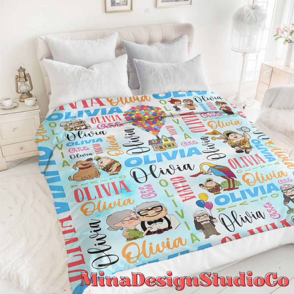 Personalized Watercolor Disney Up Blanket, Adventure Is Out There Up House Balloons Carl Ellie Couple Gift Home Decor, Russell Dug Dog Kevin