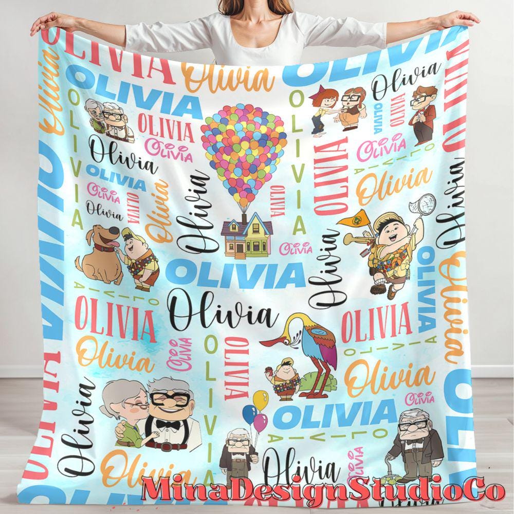 Personalized Watercolor Disney Up Blanket, Adventure Is Out There Up House Balloons Carl Ellie Couple Gift Home Decor, Russell Dug Dog Kevin