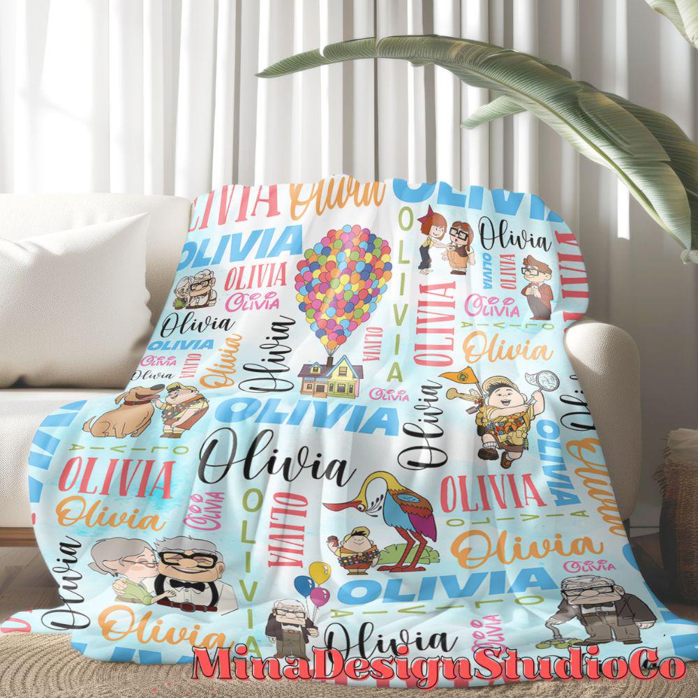 Personalized Watercolor Disney Up Blanket, Adventure Is Out There Up House Balloons Carl Ellie Couple Gift Home Decor, Russell Dug Dog Kevin