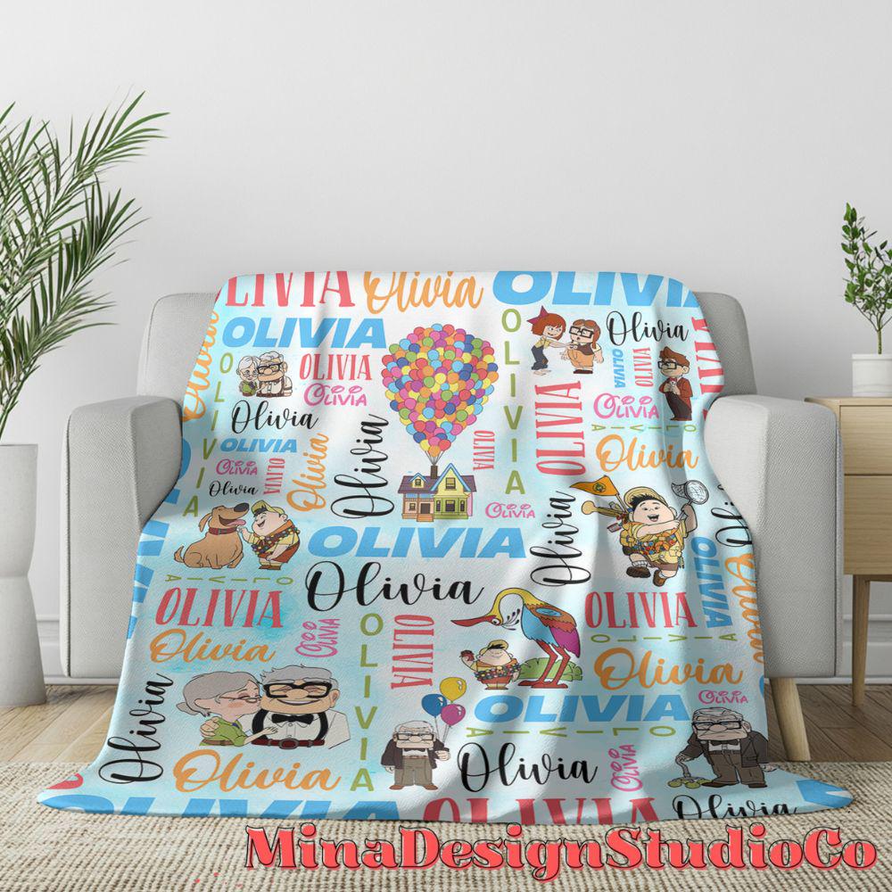 Personalized Watercolor Disney Up Blanket, Adventure Is Out There Up House Balloons Carl Ellie Couple Gift Home Decor, Russell Dug Dog Kevin