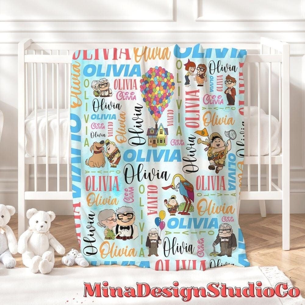 Personalized Watercolor Disney Up Blanket, Adventure Is Out There Up House Balloons Carl Ellie Couple Gift Home Decor, Russell Dug Dog Kevin