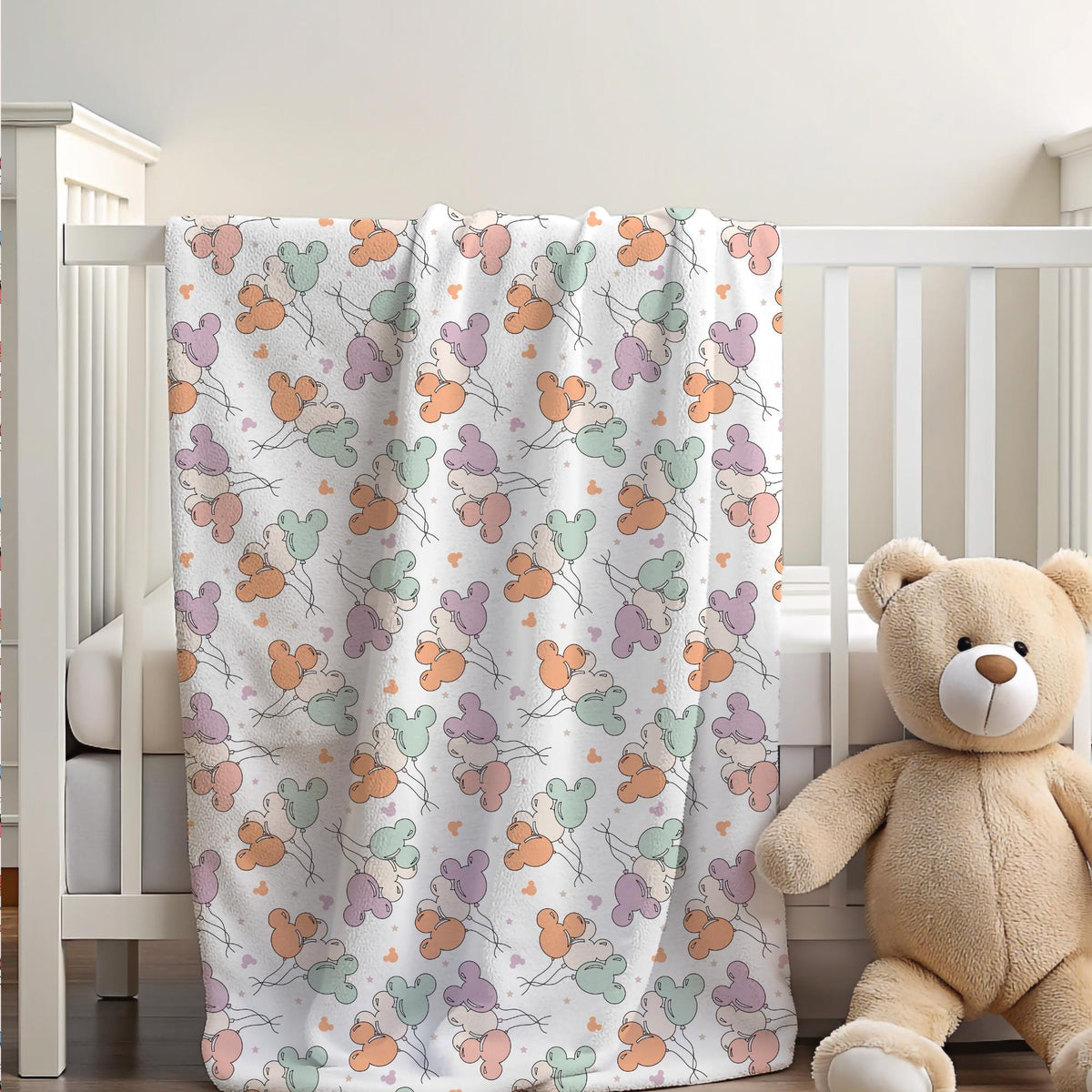 Mickey Balloon Sherpa Blanket, Toddler Blanket, Customizable Baby Blanket, Disney Home Decor, Disney Blanket for Kids, Baby Shower Gift