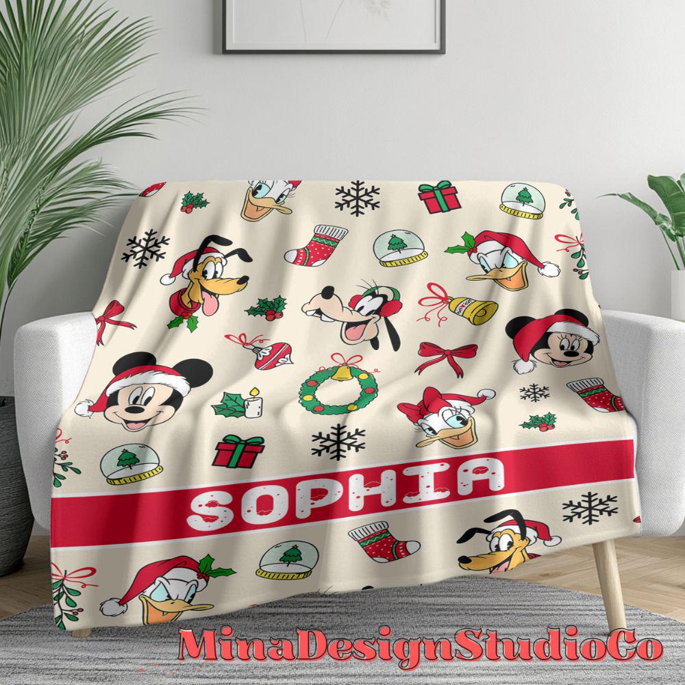 Personalized Mickey & Friends Santa Disney Christmas Blanket, Mickey's Very Merry Christmas Party, Holiday Family Christmas Tree Home Decor