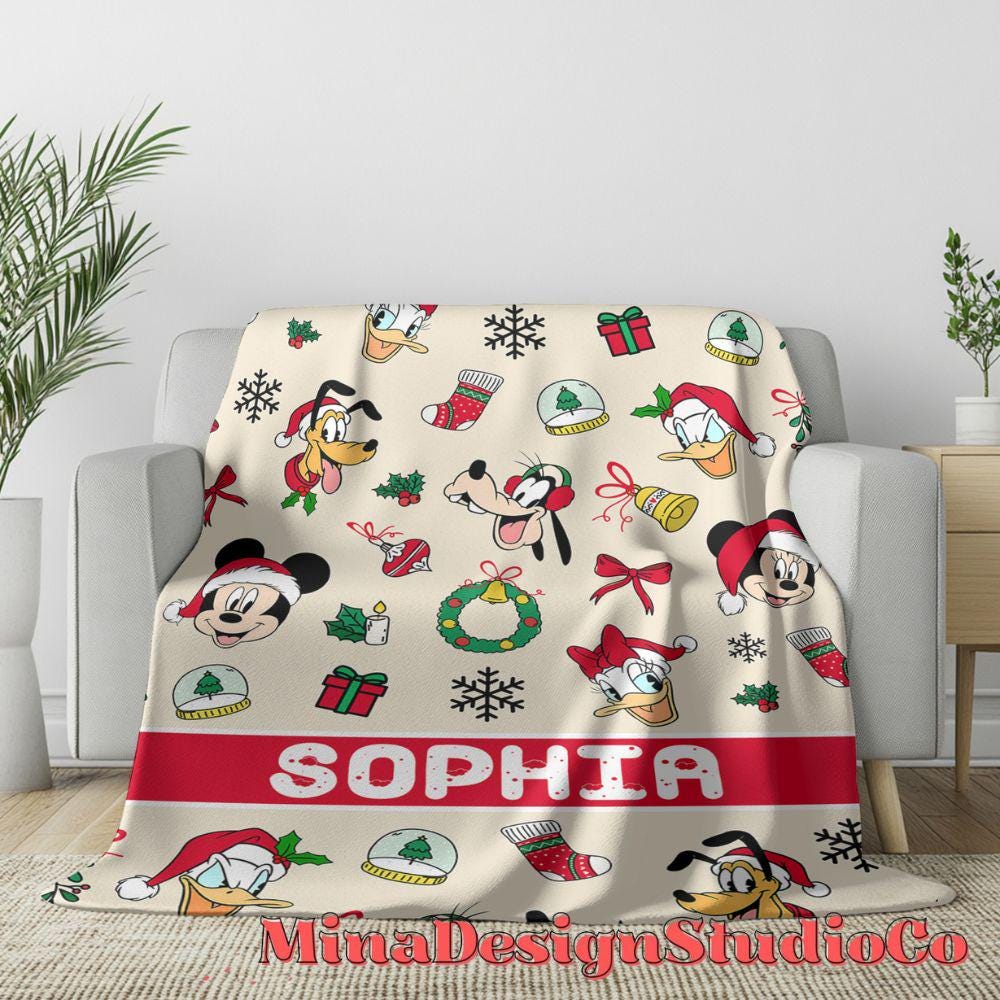Personalized Mickey & Friends Santa Disney Christmas Blanket, Mickey's Very Merry Christmas Party, Holiday Family Christmas Tree Home Decor
