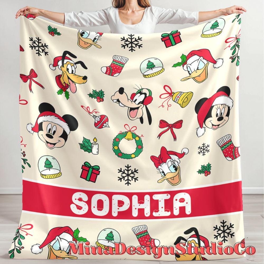 Personalized Mickey & Friends Santa Disney Christmas Blanket, Mickey's Very Merry Christmas Party, Holiday Family Christmas Tree Home Decor