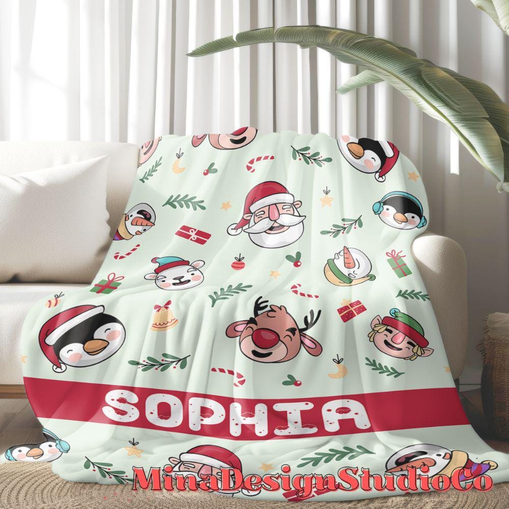 Personalized Santa Snowman Reindeer Christmas Blanket, Holiday Family Christmas Home Decoration, Custom Name Baby Girl/Boy Christmas Gifts