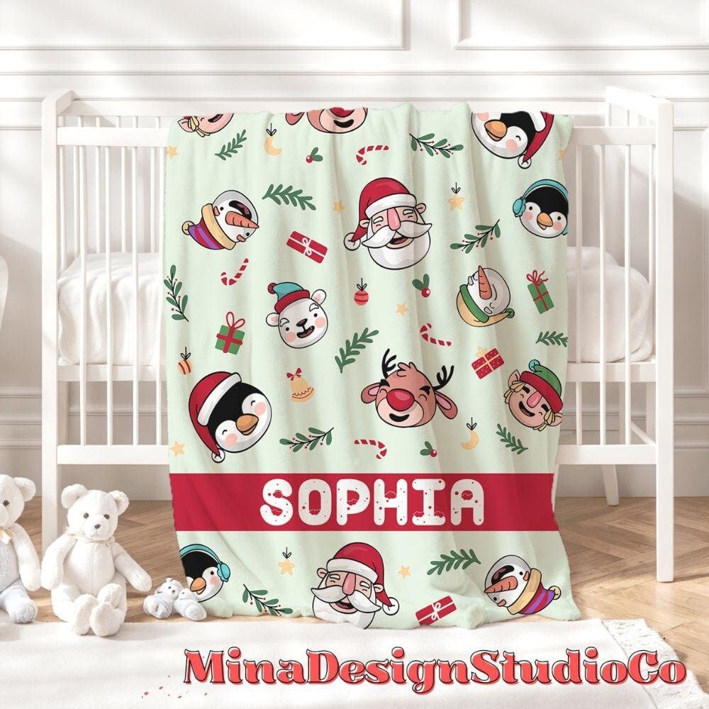Personalized Santa Snowman Reindeer Christmas Blanket, Holiday Family Christmas Home Decoration, Custom Name Baby Girl/Boy Christmas Gifts