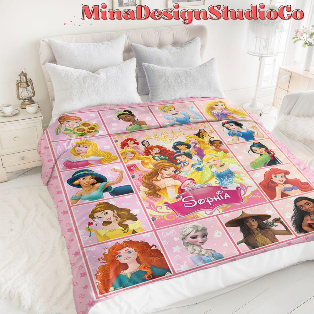 Personalized Disney Princess Blanket, Princess Birthday Girl Gift Home Decor, Custom Name Baby Girl Blanket, Cinderella Rapunzel Belle Moana