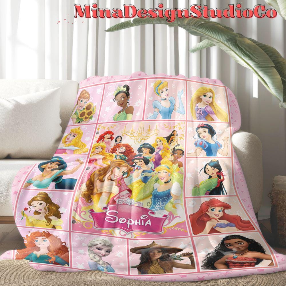 Personalized Disney Princess Blanket, Princess Birthday Girl Gift Home Decor, Custom Name Baby Girl Blanket, Cinderella Rapunzel Belle Moana