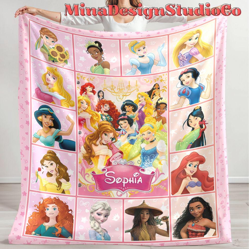 Personalized Disney Princess Blanket, Princess Birthday Girl Gift Home Decor, Custom Name Baby Girl Blanket, Cinderella Rapunzel Belle Moana