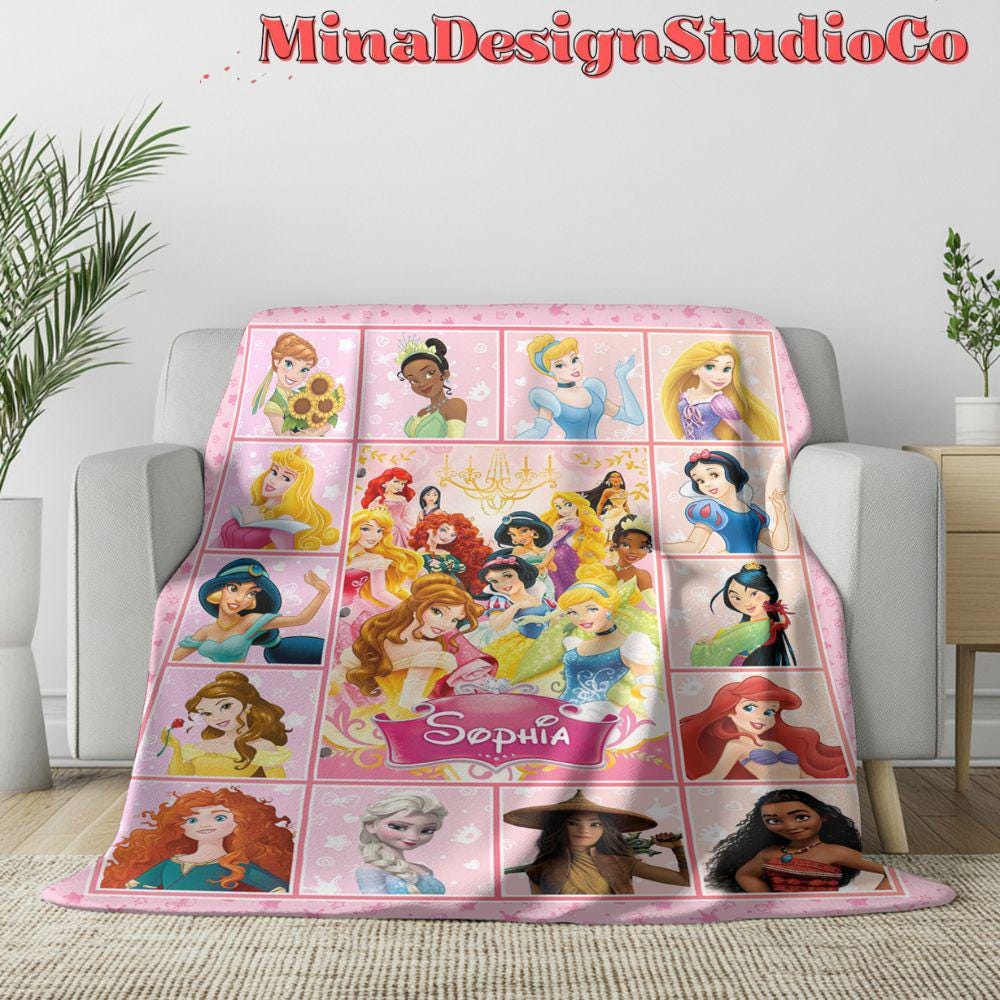 Personalized Disney Princess Blanket, Princess Birthday Girl Gift Home Decor, Custom Name Baby Girl Blanket, Cinderella Rapunzel Belle Moana