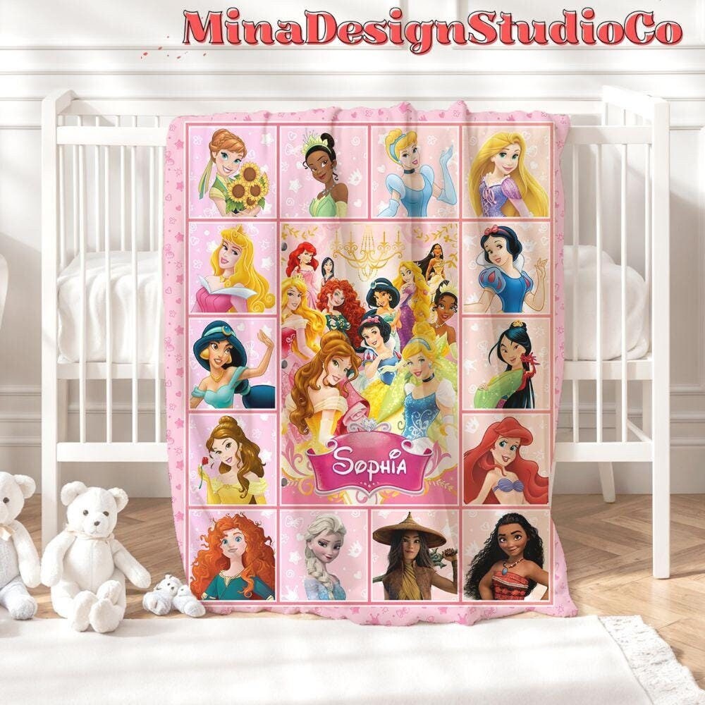 Personalized Disney Princess Blanket, Princess Birthday Girl Gift Home Decor, Custom Name Baby Girl Blanket, Cinderella Rapunzel Belle Moana