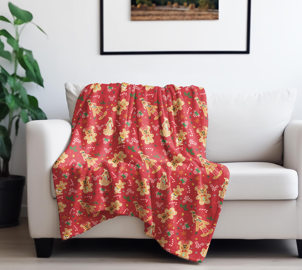 Mickey and Minnie Christmas Gingerbread Velveteen Plush Blanket, Gift for Disney Fan, Holiday Throw Blanket Festive Holiday Home Decor
