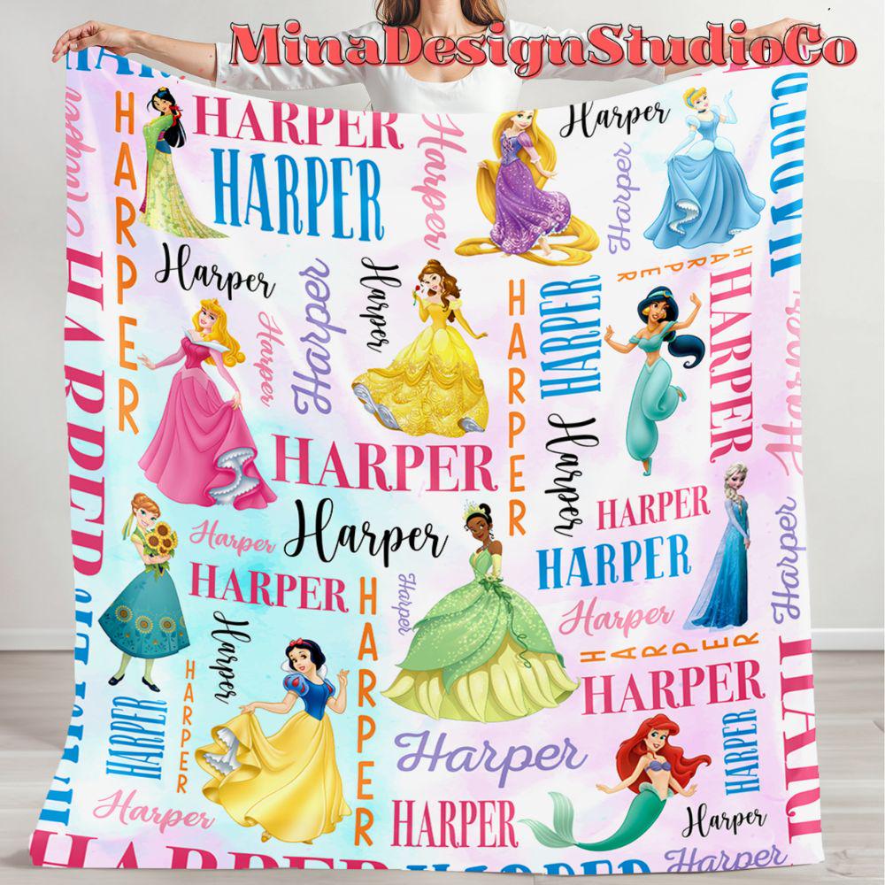 Personalized Disney Princess Blanket, Watercolor Princess Birthday Girl Gift Home Decor, Custom Name Baby Girl Blanket, Cinderella Rapunzel