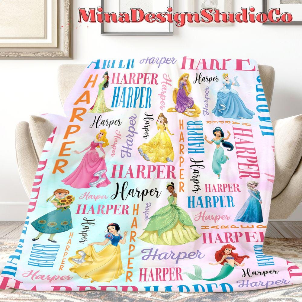 Personalized Disney Princess Blanket, Watercolor Princess Birthday Girl Gift Home Decor, Custom Name Baby Girl Blanket, Cinderella Rapunzel