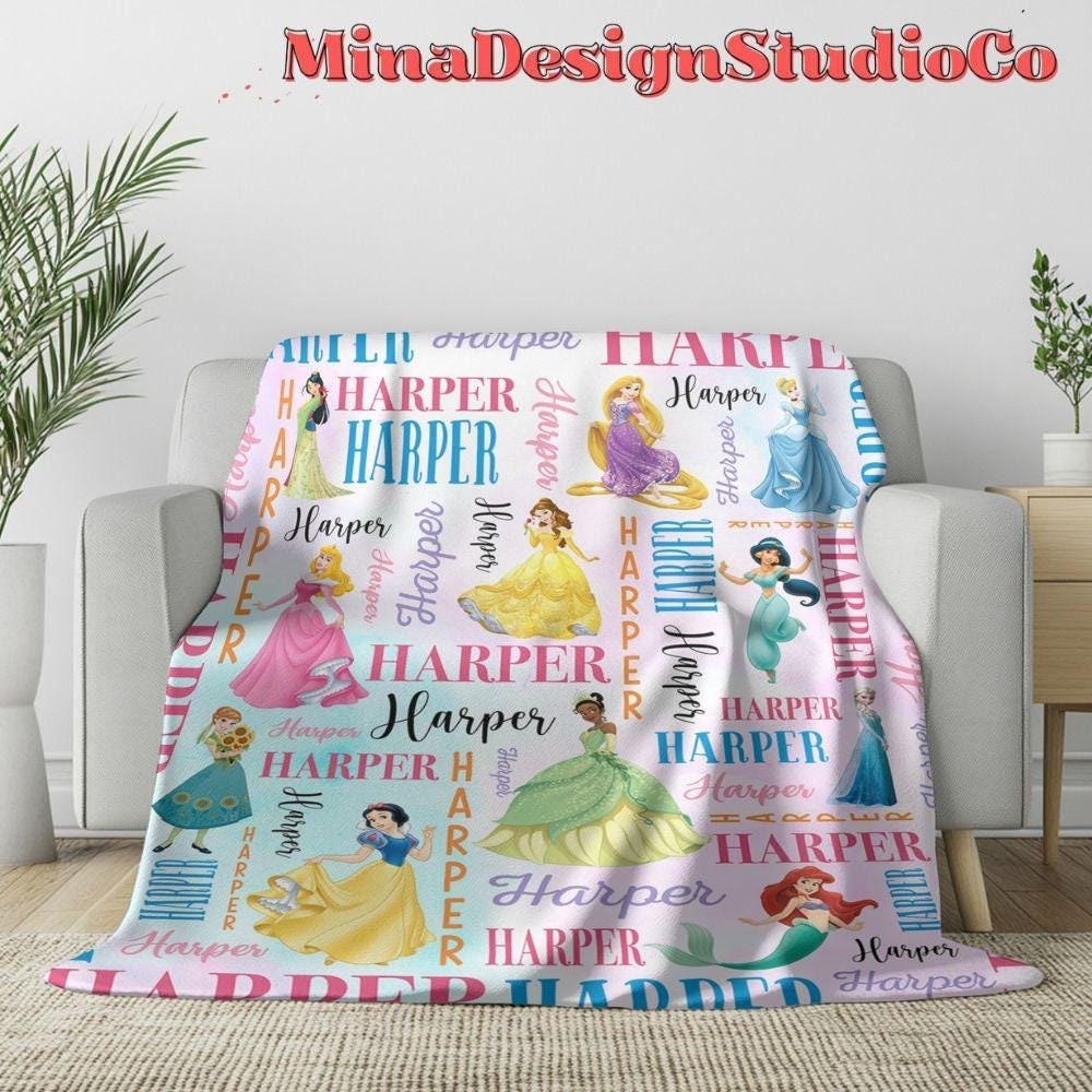 Personalized Disney Princess Blanket, Watercolor Princess Birthday Girl Gift Home Decor, Custom Name Baby Girl Blanket, Cinderella Rapunzel