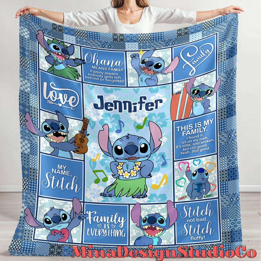Personalized Disney Stitch Blanket, Ohana Means Family Lilo & Stitch Birthday Boy Gift, Birthday Girl Home Decoration, Birthday Gift for Kid