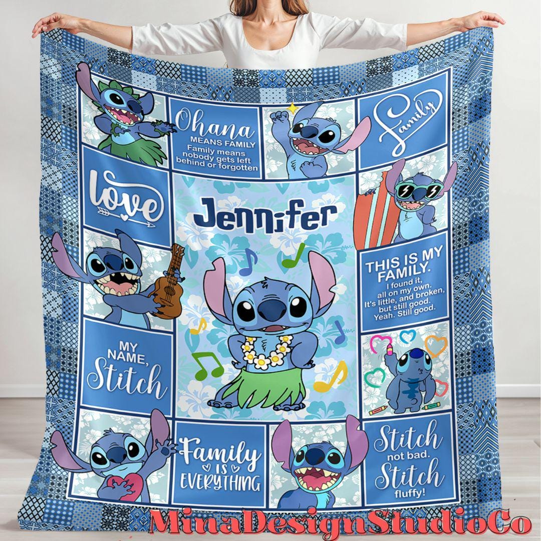 Personalized Disney Stitch Blanket, Ohana Means Family Lilo & Stitch Birthday Boy Gift, Birthday Girl Home Decoration, Birthday Gift for Kid