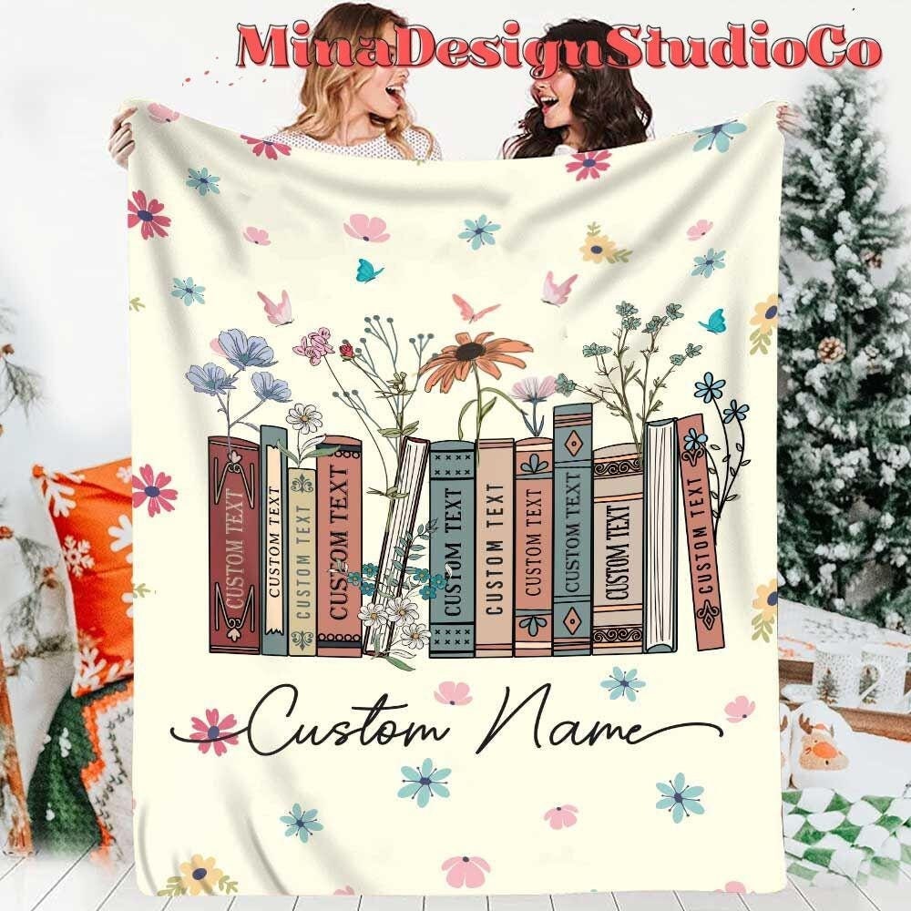 Personalized Floral Book Blanket, Custom Book Titles & Name Favorite Book Home Decoration, Bookshelf and Plants Reading Lover Gift for Her