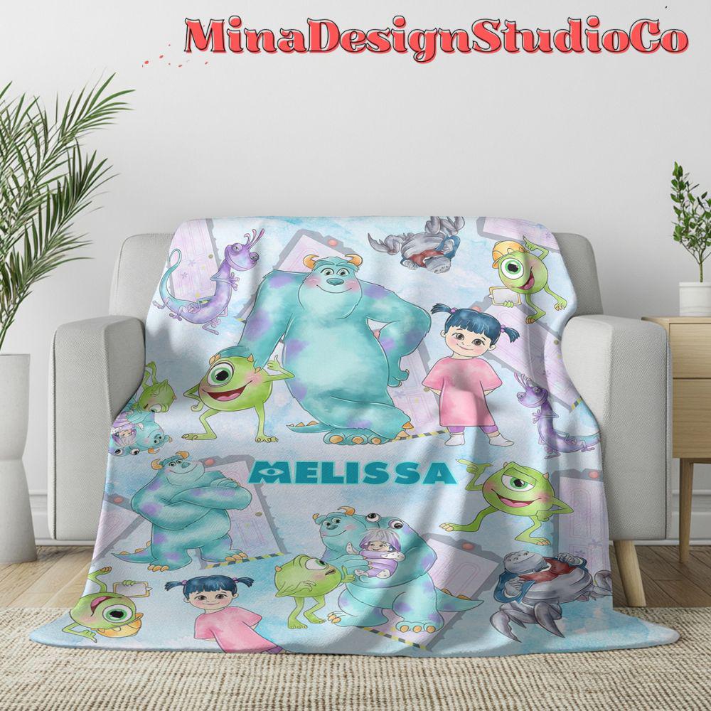 Personalized Watercolor Disney Monsters Inc Blanket, Monsters University Mike Wazowski Sully Boo Birthday Boy Gift, Birthday Girl Home Decor