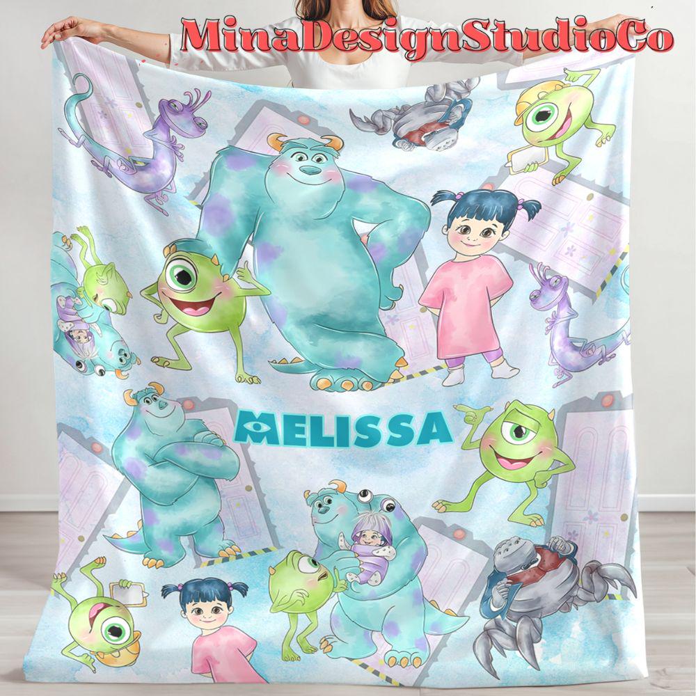 Personalized Watercolor Disney Monsters Inc Blanket, Monsters University Mike Wazowski Sully Boo Birthday Boy Gift, Birthday Girl Home Decor