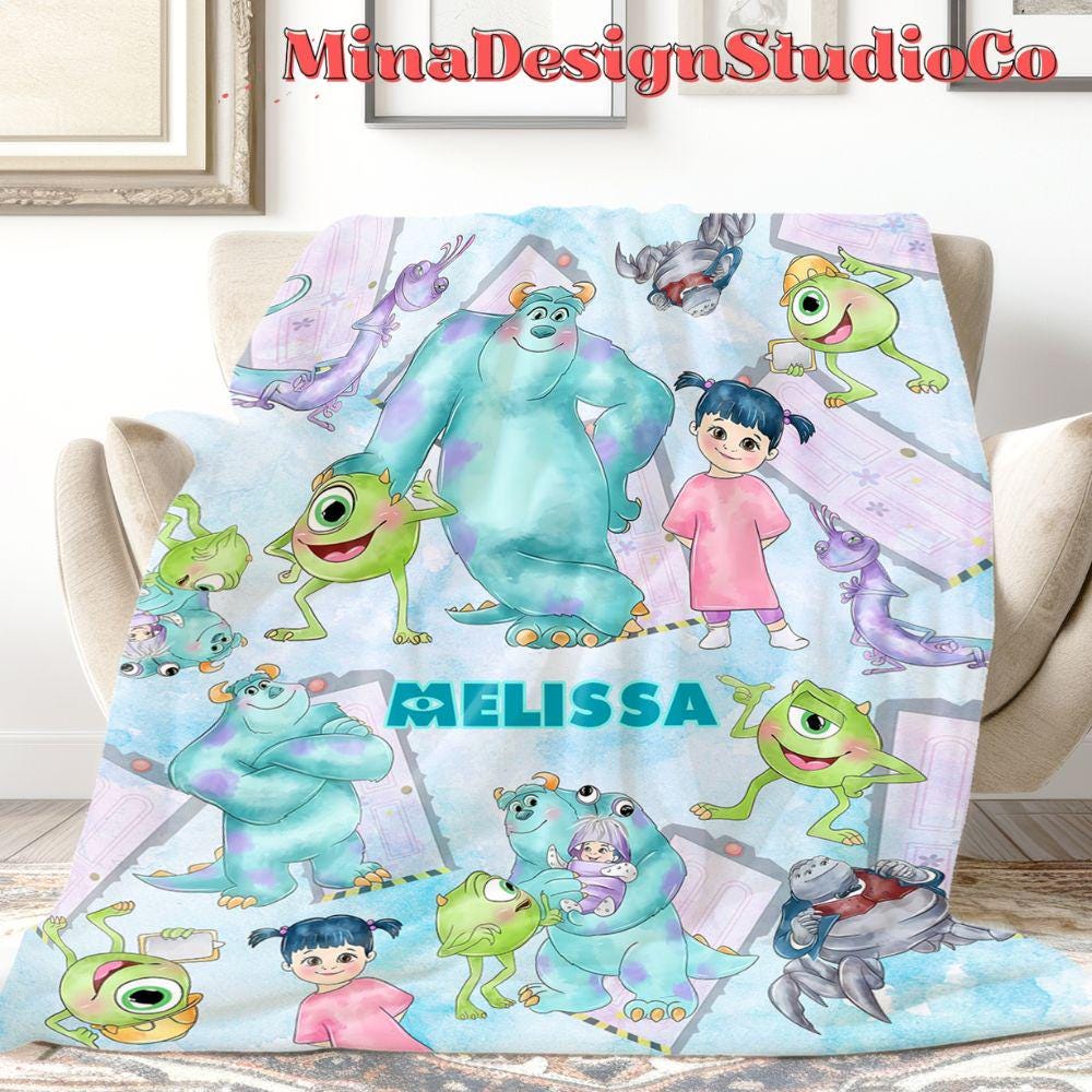Personalized Watercolor Disney Monsters Inc Blanket, Monsters University Mike Wazowski Sully Boo Birthday Boy Gift, Birthday Girl Home Decor