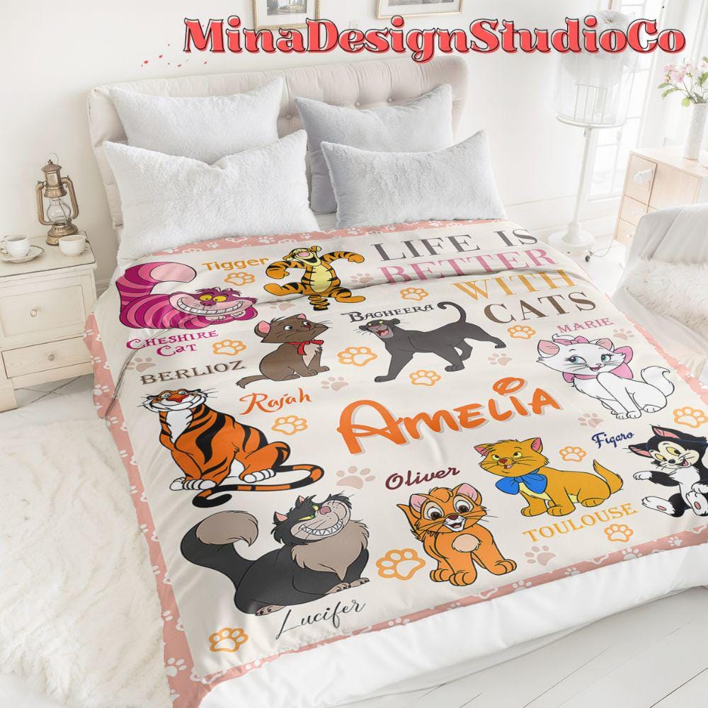 Personalized Disney Cat Blanket, The Aristocats Marie Toulouse Berlioz Cat Lovers Birthday Gift Home Decor, Cheshire Cat Christmas Cat Mom
