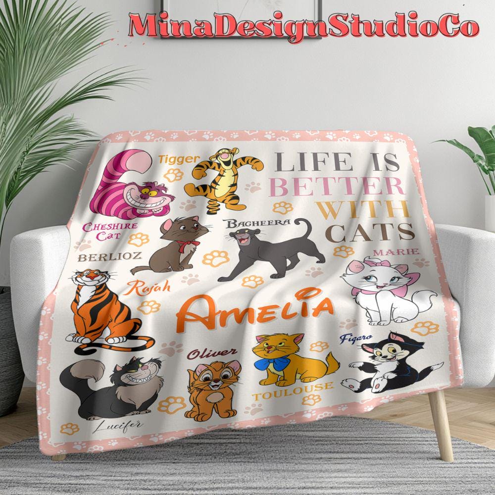 Personalized Disney Cat Blanket, The Aristocats Marie Toulouse Berlioz Cat Lovers Birthday Gift Home Decor, Cheshire Cat Christmas Cat Mom