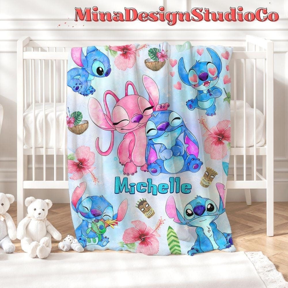 Personalized Watercolor Disney Stitch Blanket, Ohana Means Family Lilo & Stitch Birthday Boy, Couple Stitch Angel Birthday Girl Home Decor