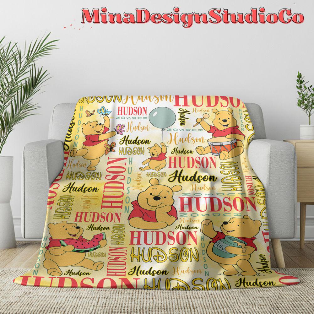 Personalized Watercolor Disney Winnie The Pooh Blanket, Custom Pooh Bear Birthday Girl Gift Home Decor, Birthday Boy Blanket, Baby Girl Gift