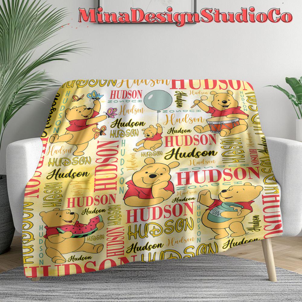 Personalized Watercolor Disney Winnie The Pooh Blanket, Custom Pooh Bear Birthday Girl Gift Home Decor, Birthday Boy Blanket, Baby Girl Gift