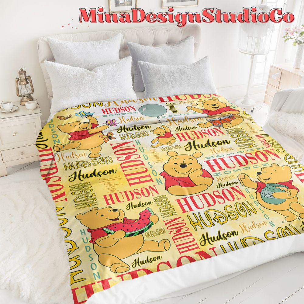 Personalized Watercolor Disney Winnie The Pooh Blanket, Custom Pooh Bear Birthday Girl Gift Home Decor, Birthday Boy Blanket, Baby Girl Gift