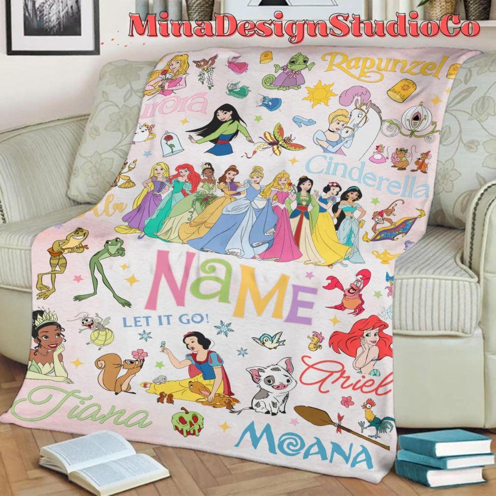 Personalized Disney Princess Blanket, Watercolor Princess Birthday Girl Gift Home Decor, Custom Name Baby Girl Blanket, Cinderella Moana 2