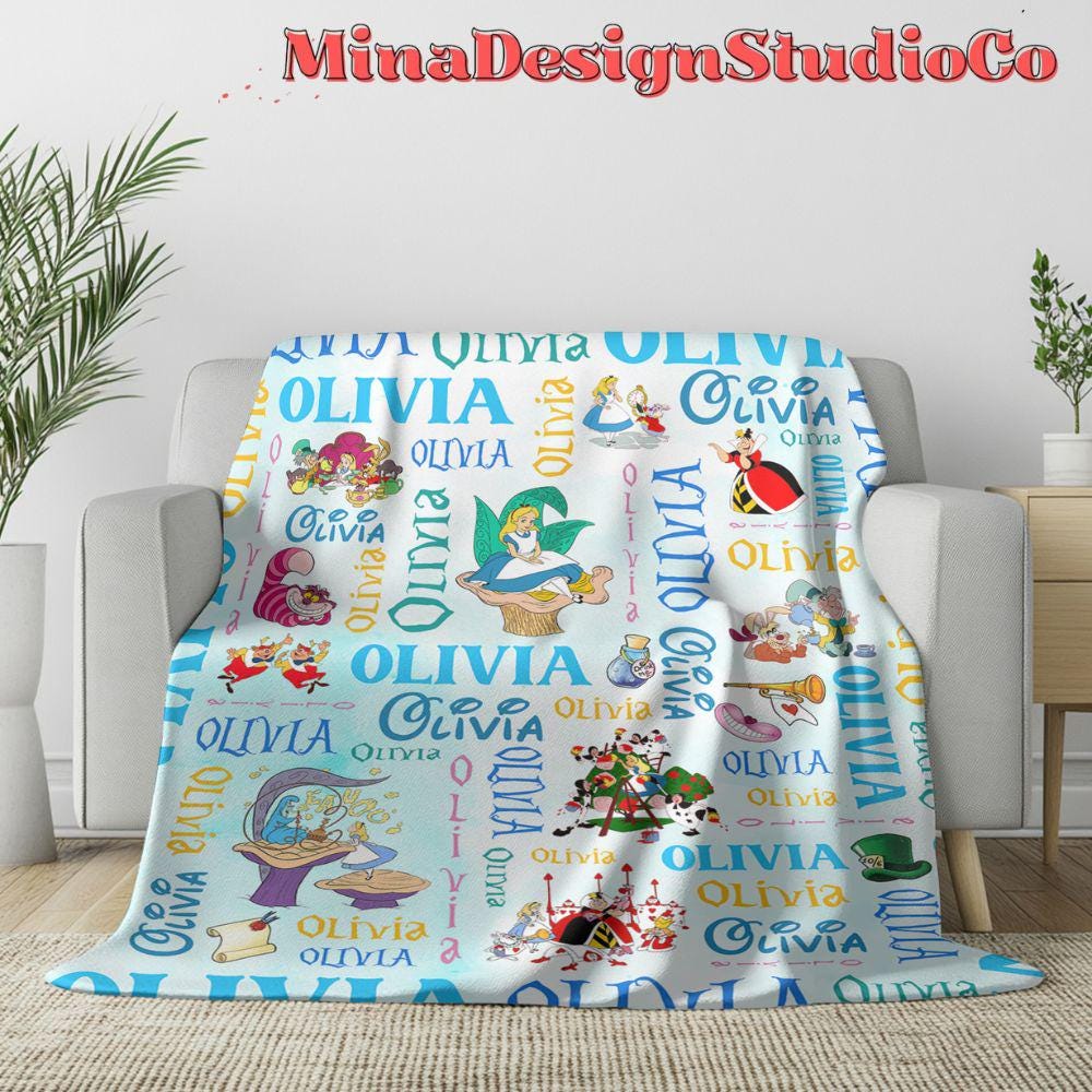 Personalized Disney Alice in Wonderland Blanket, Watercolor Disney Princess Blanket, Alice Birthday Girl Gift Home Decor, Baby Girl Blanket