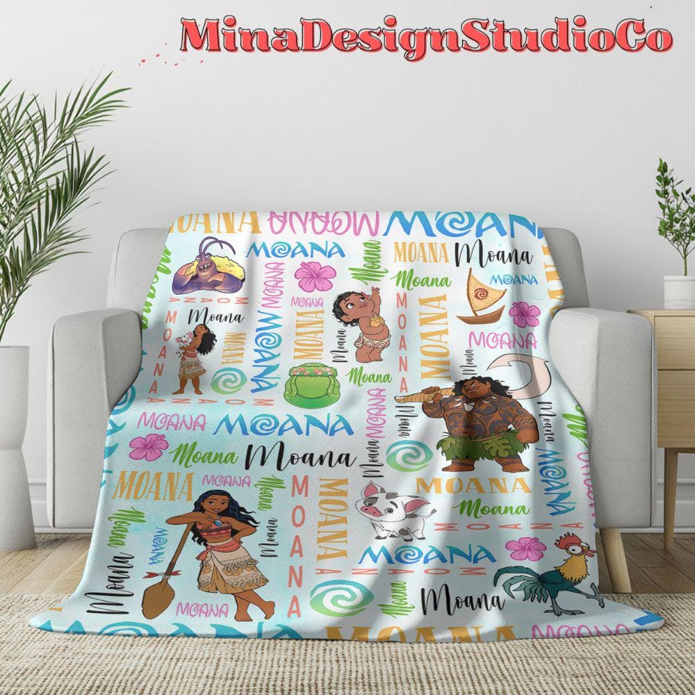 Personalized Watercolor Disney Moana Blanket, Disney Princess Moana 2 Movie Birthday Girl Gift Home Decor Maui Pua Hei Hei Baby Girl Blanket