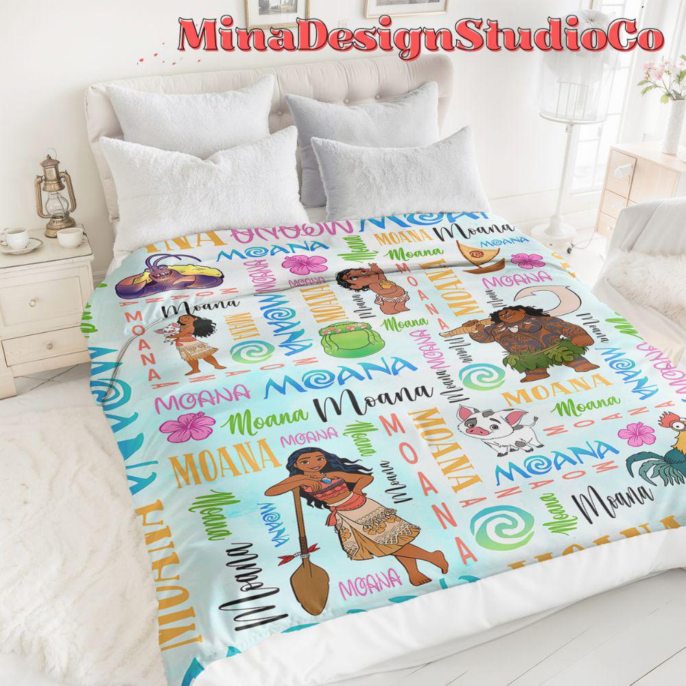 Personalized Watercolor Disney Moana Blanket, Disney Princess Moana 2 Movie Birthday Girl Gift Home Decor Maui Pua Hei Hei Baby Girl Blanket