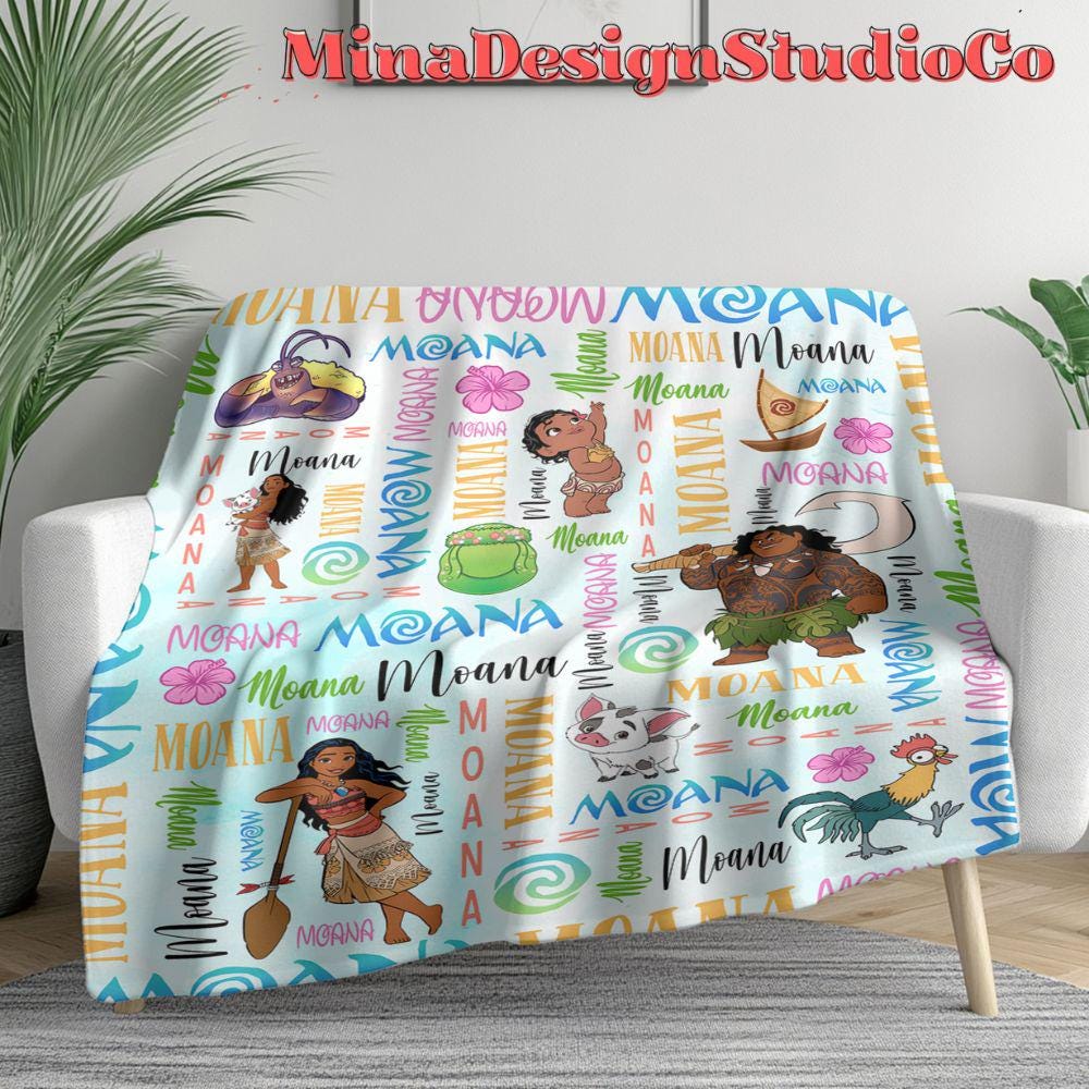 Personalized Watercolor Disney Moana Blanket, Disney Princess Moana 2 Movie Birthday Girl Gift Home Decor Maui Pua Hei Hei Baby Girl Blanket