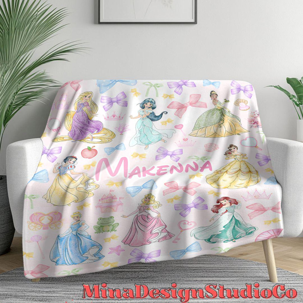 Personalized Coquette Bows Disney Princess Blanket, Watercolor Princess Birthday Girl Gift Home Decoration, Custom Name Baby Girl Blanket