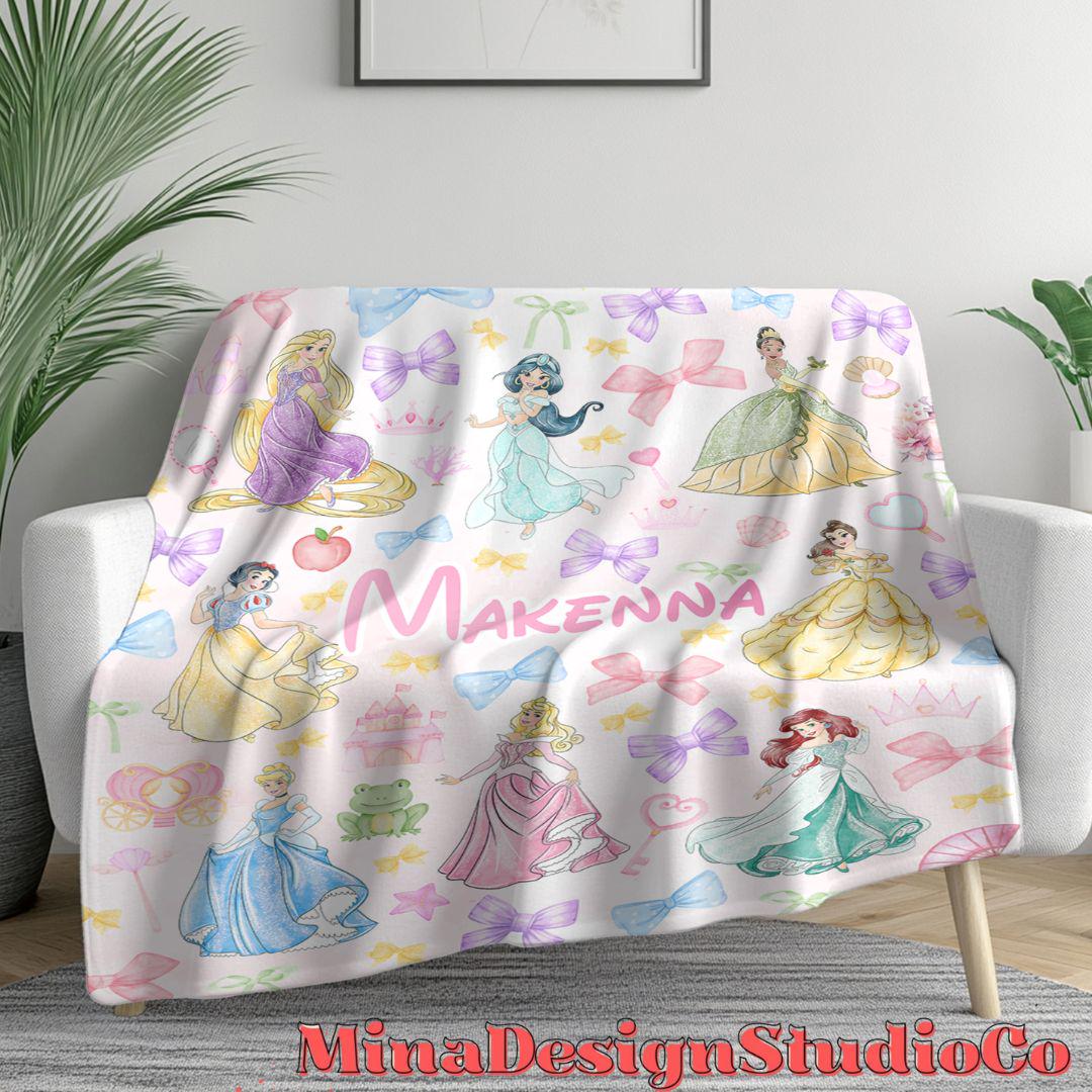 Personalized Coquette Bows Disney Princess Blanket, Watercolor Princess Birthday Girl Gift Home Decoration, Custom Name Baby Girl Blanket