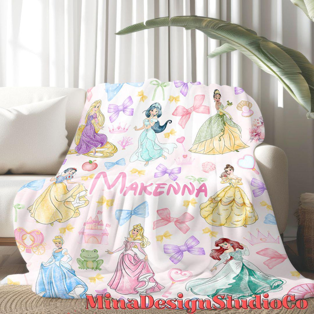 Personalized Coquette Bows Disney Princess Blanket, Watercolor Princess Birthday Girl Gift Home Decoration, Custom Name Baby Girl Blanket