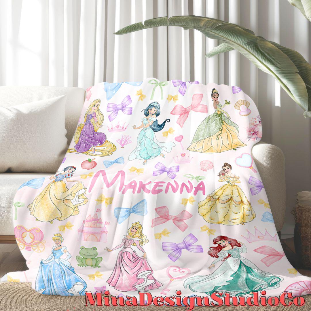 Personalized Coquette Bows Disney Princess Blanket, Watercolor Princess Birthday Girl Gift Home Decoration, Custom Name Baby Girl Blanket
