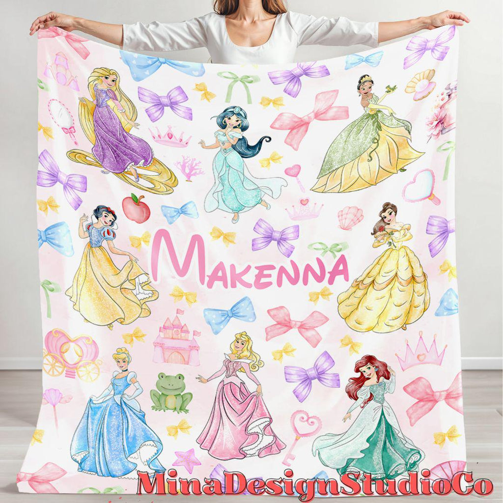 Personalized Coquette Bows Disney Princess Blanket, Watercolor Princess Birthday Girl Gift Home Decoration, Custom Name Baby Girl Blanket