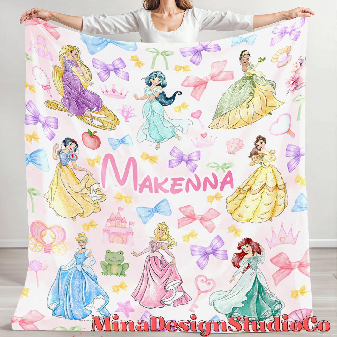 Personalized Coquette Bows Disney Princess Blanket, Watercolor Princess Birthday Girl Gift Home Decoration, Custom Name Baby Girl Blanket