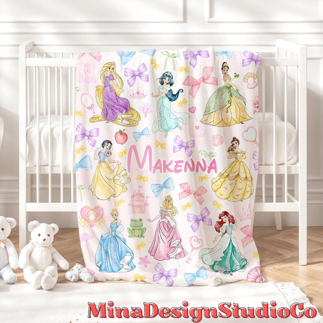 Personalized Coquette Bows Disney Princess Blanket, Watercolor Princess Birthday Girl Gift Home Decoration, Custom Name Baby Girl Blanket