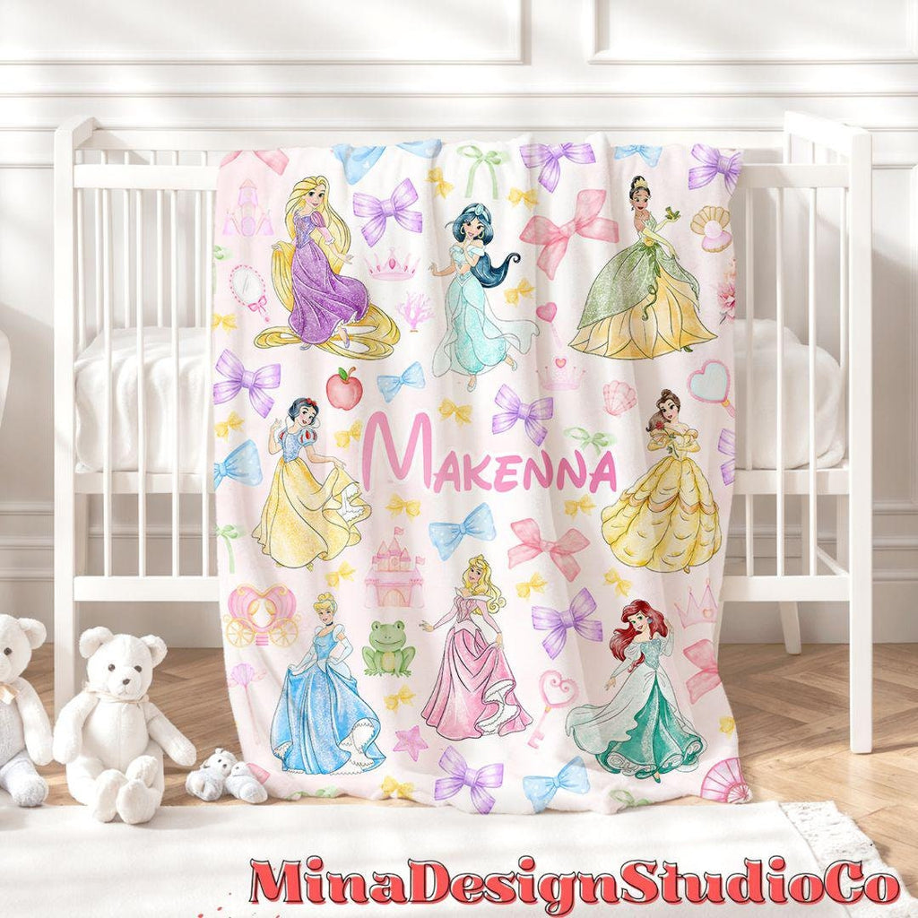 Personalized Coquette Bows Disney Princess Blanket, Watercolor Princess Birthday Girl Gift Home Decoration, Custom Name Baby Girl Blanket