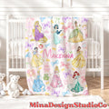 Personalized Coquette Bows Disney Princess Blanket, Watercolor Princess Birthday Girl Gift Home Decoration, Custom Name Baby Girl Blanket