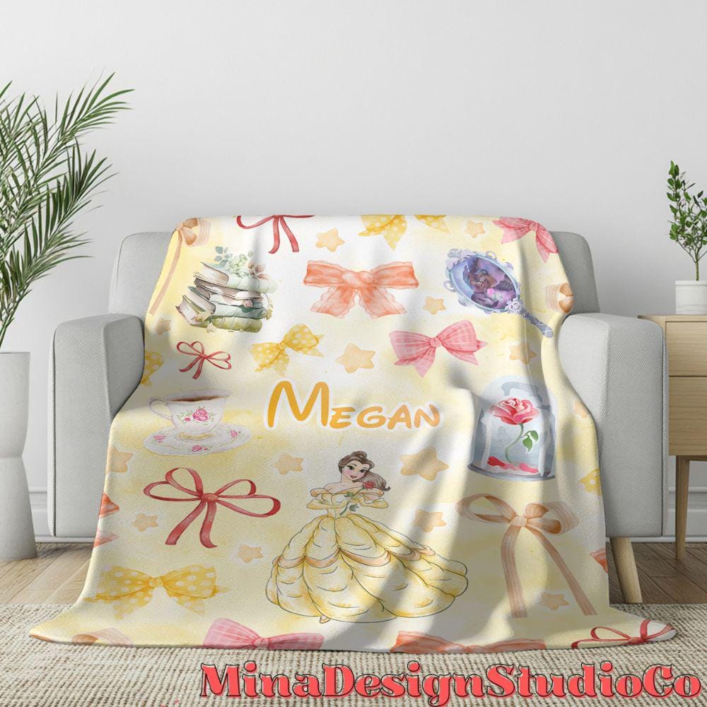 Personalized Coquette Bows Disney Beauty and the Beast Blanket, Watercolor Princess Belle Birthday Girl Gift Home Decor, Baby Girl Blanket