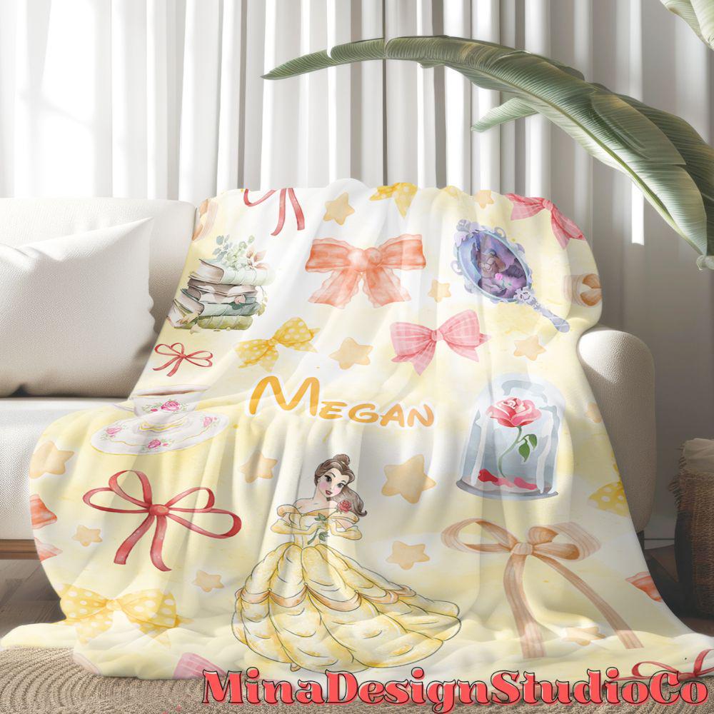 Personalized Coquette Bows Disney Beauty and the Beast Blanket, Watercolor Princess Belle Birthday Girl Gift Home Decor, Baby Girl Blanket