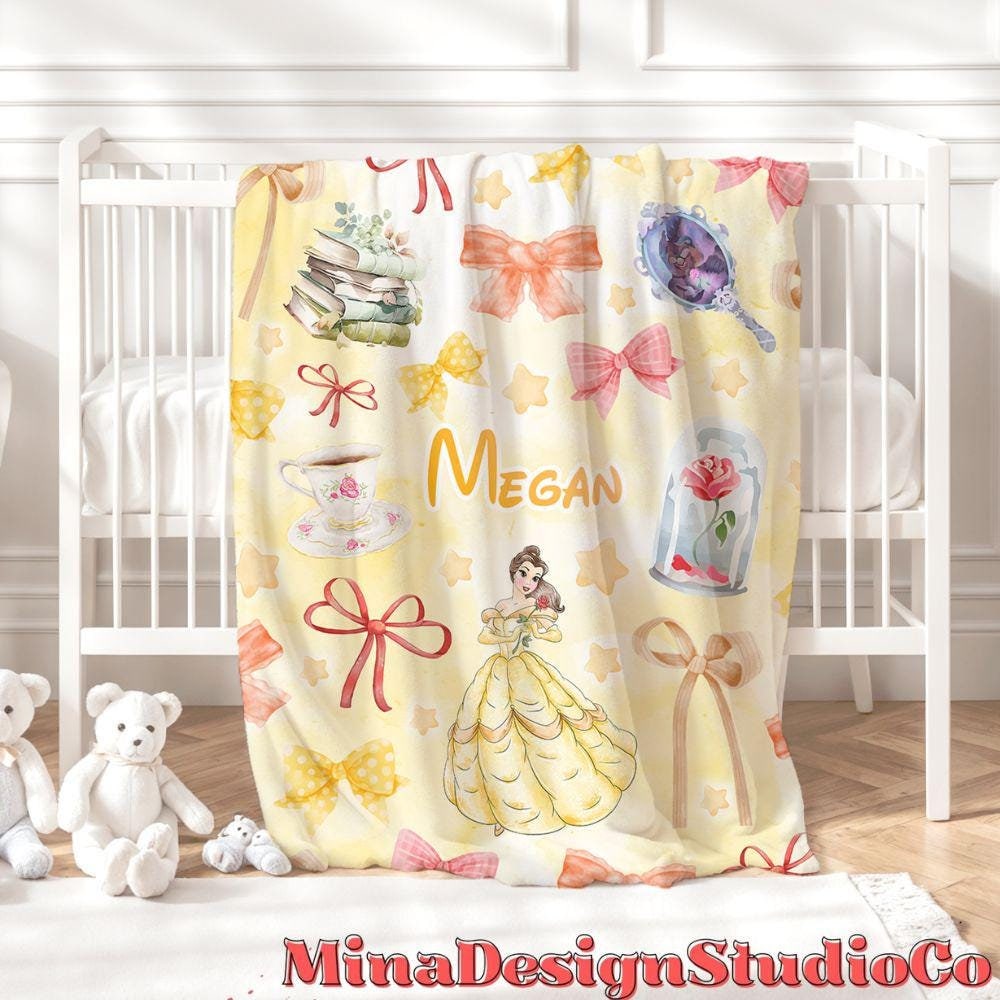 Personalized Coquette Bows Disney Beauty and the Beast Blanket, Watercolor Princess Belle Birthday Girl Gift Home Decor, Baby Girl Blanket